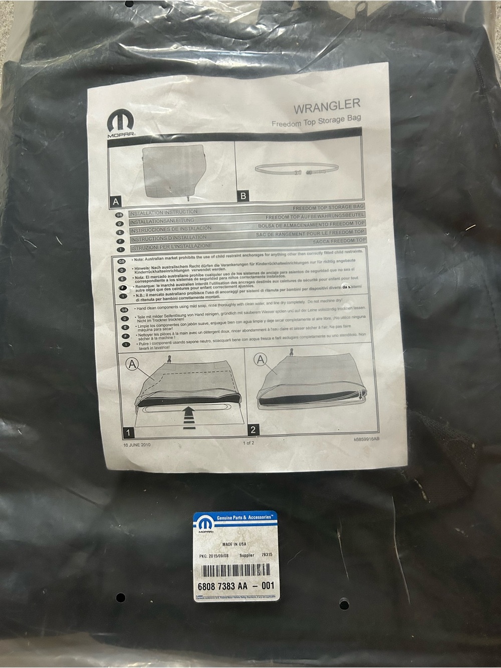 2007-2018 MOPAR OEM Jeep Wrangler Freedom Top Panel Storage Bag 6808 7383 AA-001